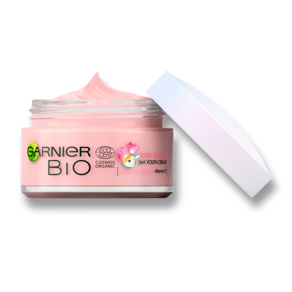 Garnier Bio Dagcrème 3-in-1 Rosy Glow Rozenbottel 1 Garnier Bio Dagcrème 3-in-1 Rosy Glow Rozenbottel